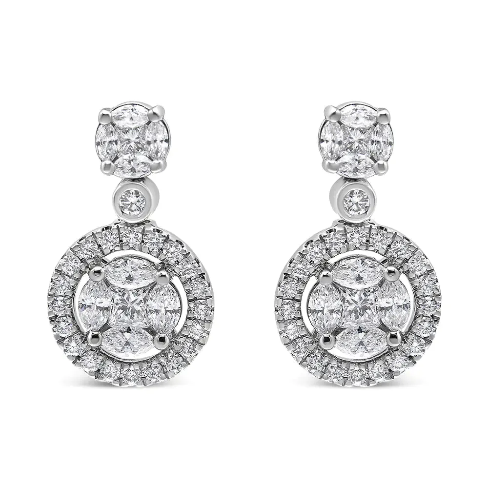 18K White Gold 2.0 Cttw Round Shape Diamond Composite Halo Dangle Stud Earring (F-G Color, VS1-VS2 Clarity)