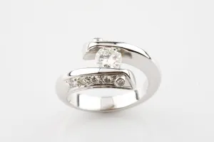 18k White Gold Round Diamond Solitaire Engagement Bypass Ring w/ Accents