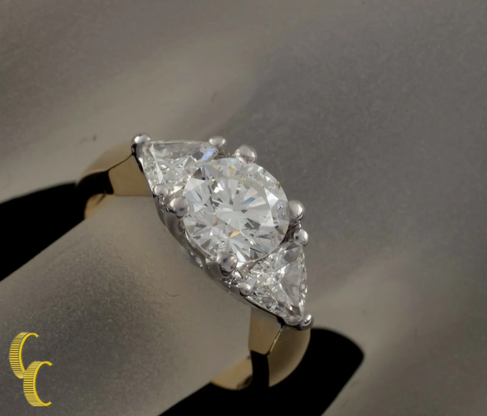 1.91 Carat Round Diamond 3-Stone 18k White & Yellow Gold Engagement Ring size 5