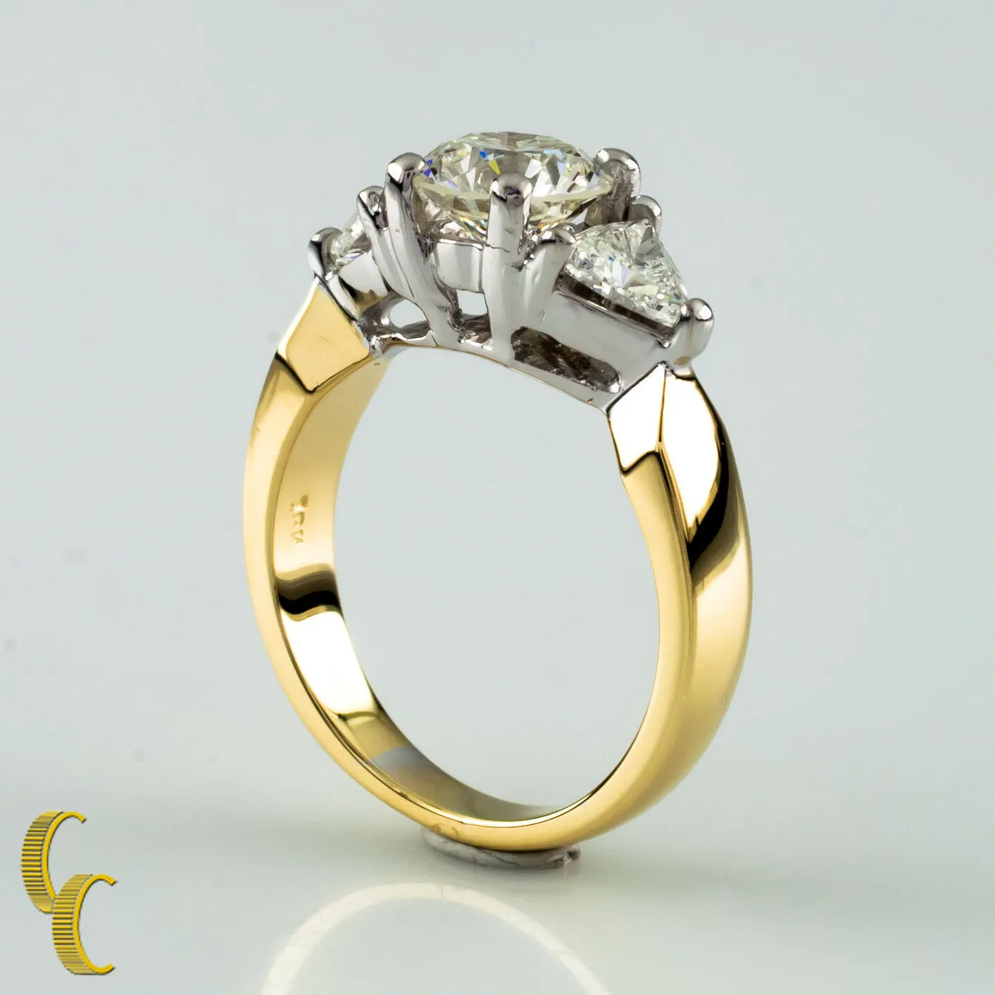 1.91 Carat Round Diamond 3-Stone 18k White & Yellow Gold Engagement Ring size 5