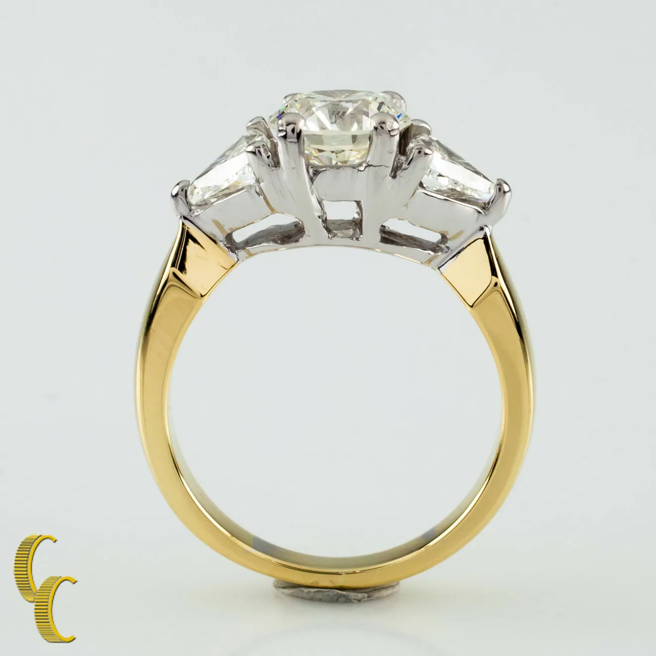 1.91 Carat Round Diamond 3-Stone 18k White & Yellow Gold Engagement Ring size 5