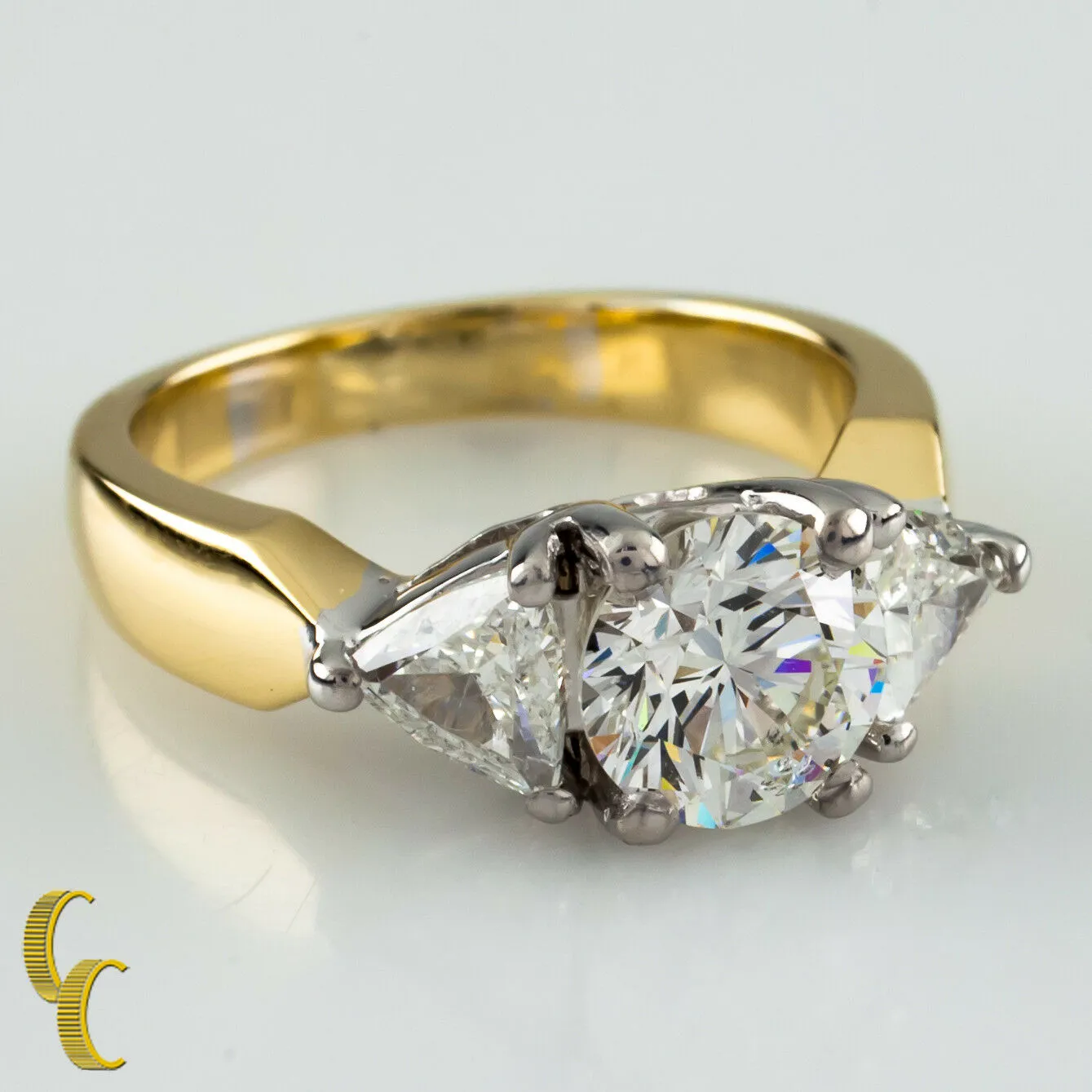 1.91 Carat Round Diamond 3-Stone 18k White & Yellow Gold Engagement Ring size 5