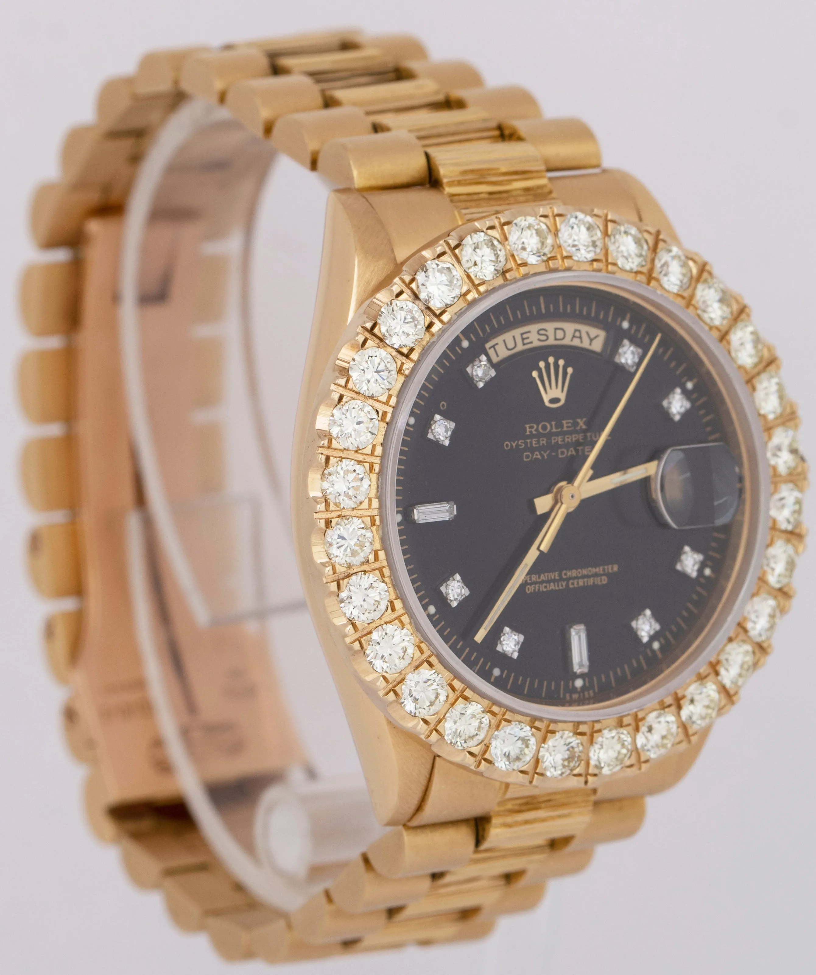 1976 Rolex Day-Date President 36mm DIAMOND Black BARK 18K Yellow Gold Watch 1807