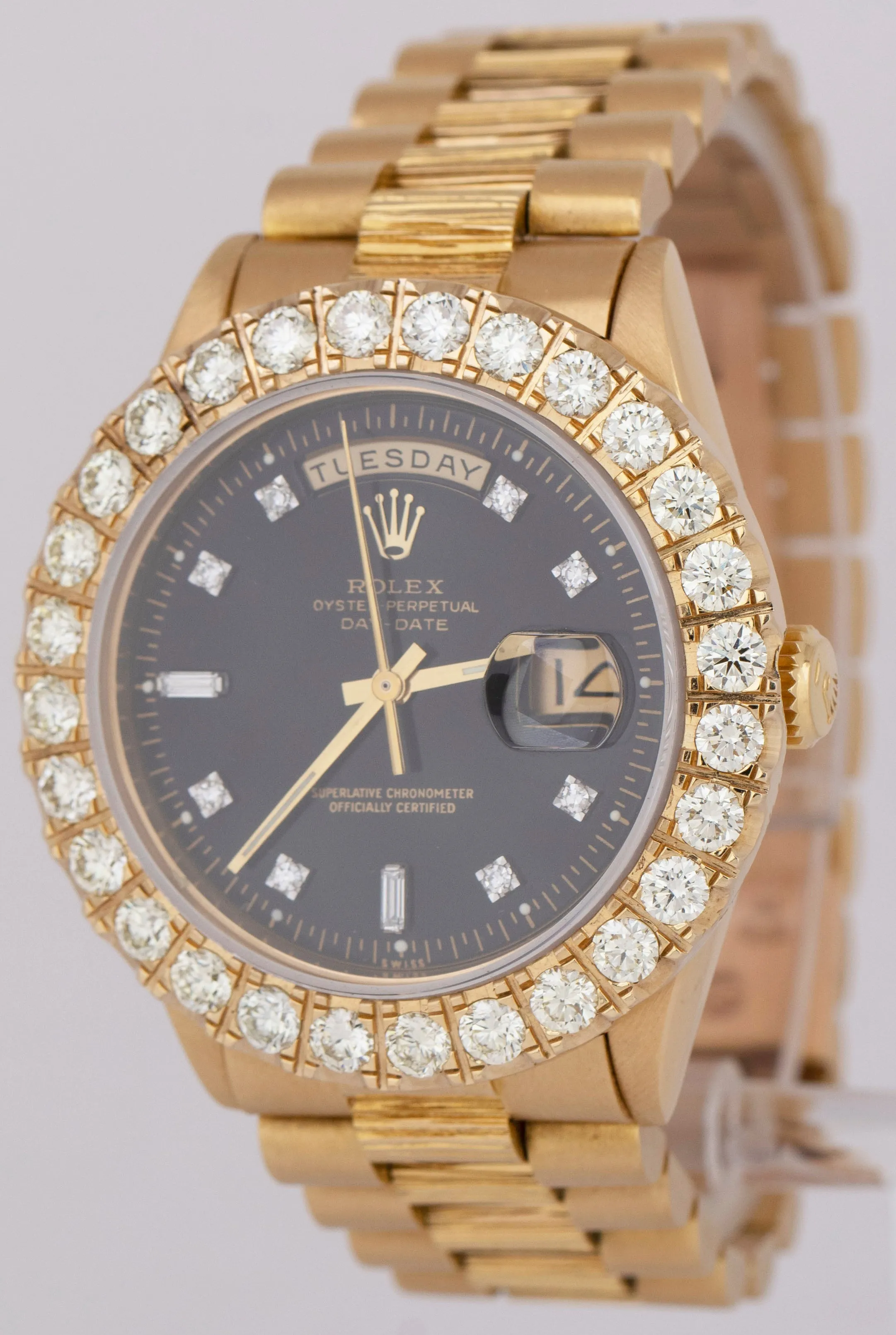 1976 Rolex Day-Date President 36mm DIAMOND Black BARK 18K Yellow Gold Watch 1807