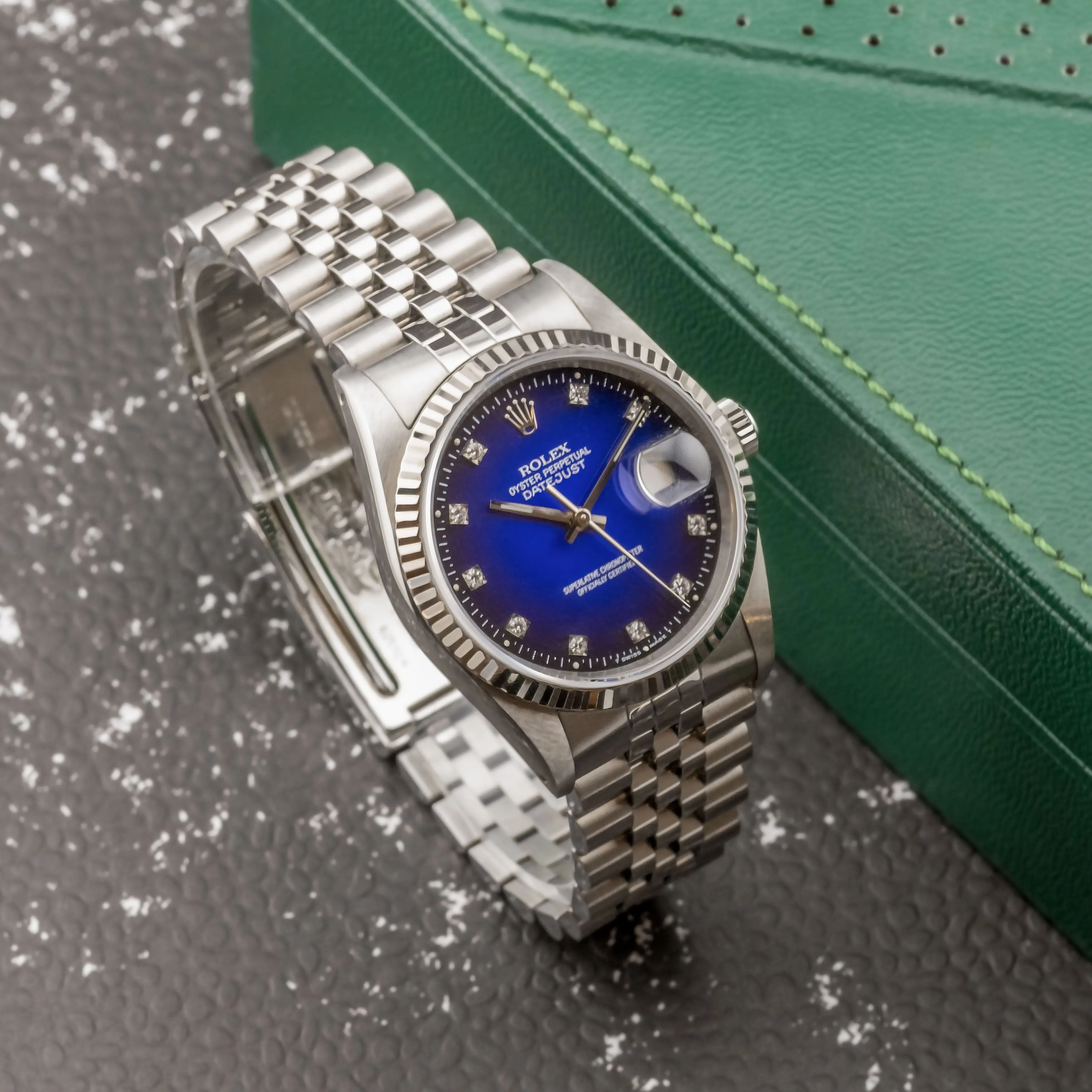 1990 Rolex Datejust Blue Vignette Diamond Dial Ref. 16234 (with Box & Papers)