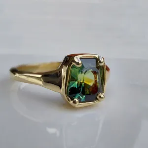 1.9ct Shield cut natural green Australian parti sapphire gold solitaire ring