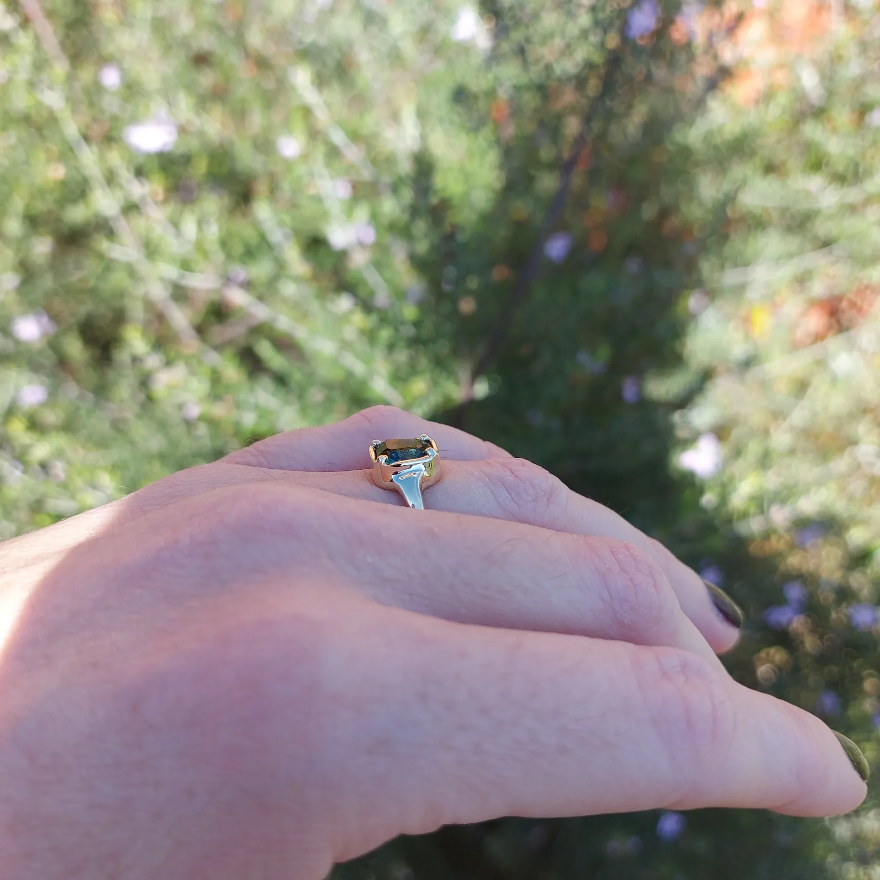 1.9ct Shield cut natural green Australian parti sapphire gold solitaire ring