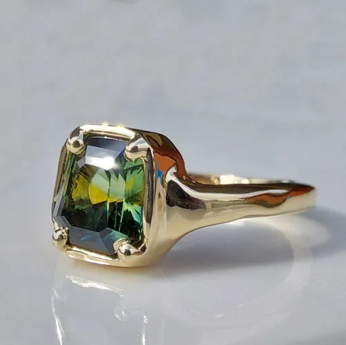 1.9ct Shield cut natural green Australian parti sapphire gold solitaire ring
