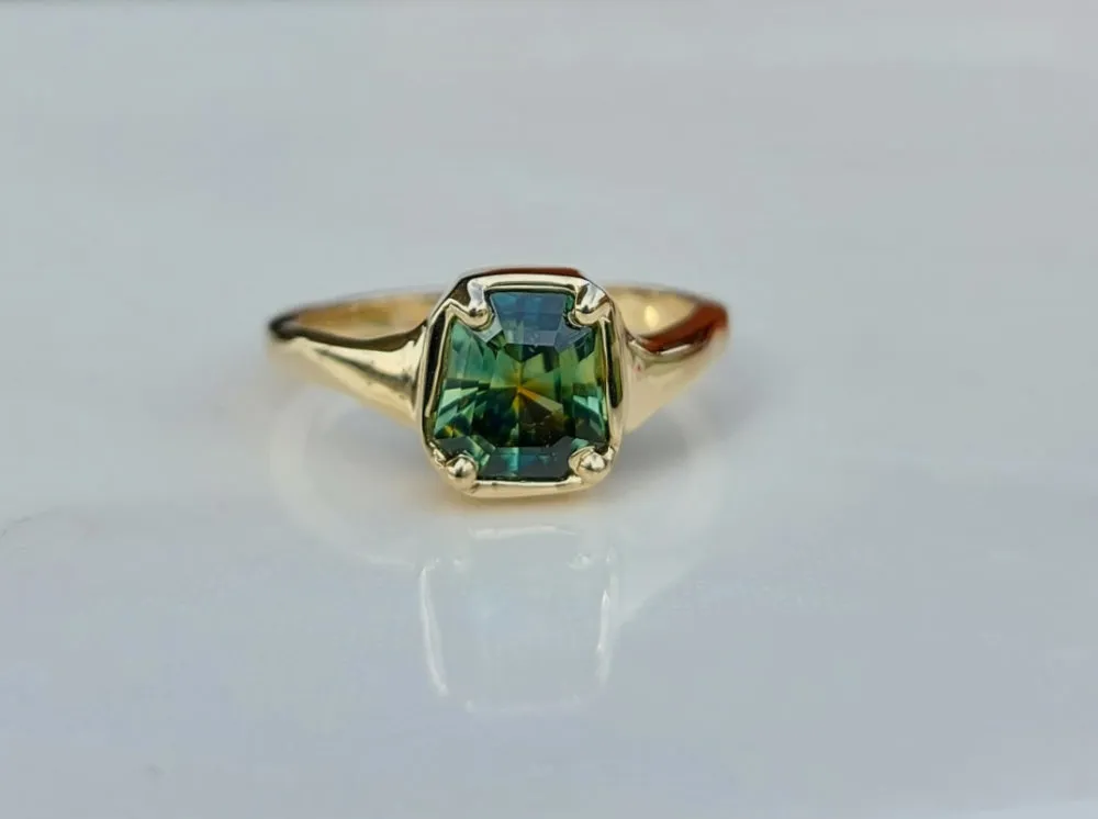 1.9ct Shield cut natural green Australian parti sapphire gold solitaire ring
