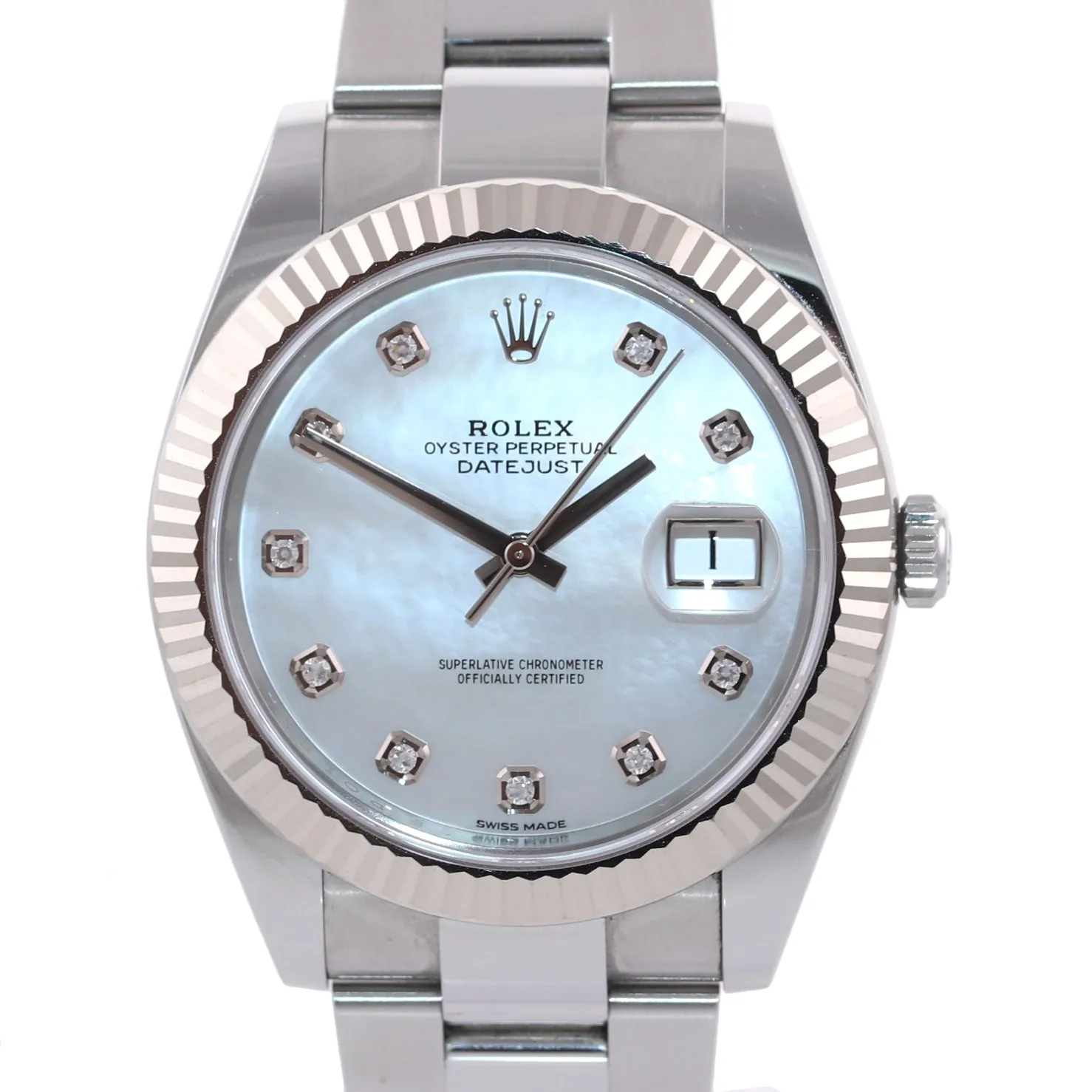 2017 PAPERS Rolex DateJust 41 MOP Mother of Pearl Diamond Fluted 126334 Watch