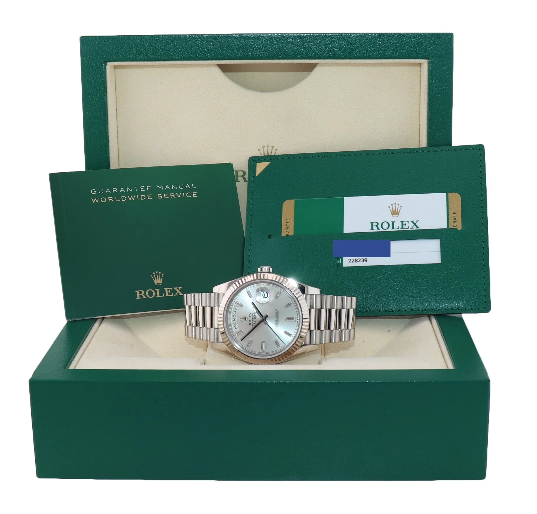 2020 PAPERS Rolex Day Date 40 White Gold President Silver Diamond 228239 Watch