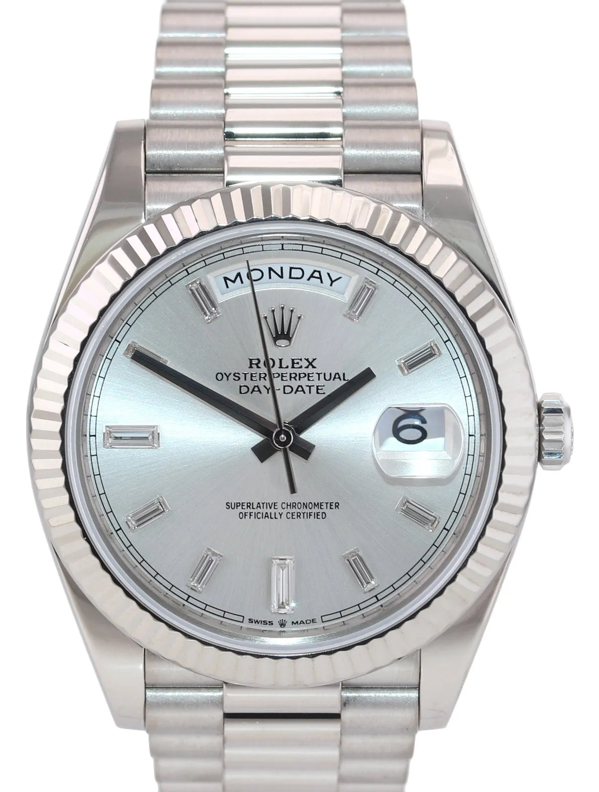 2020 PAPERS Rolex Day Date 40 White Gold President Silver Diamond 228239 Watch