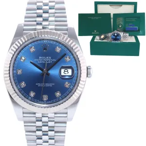 2021 PAPERS Rolex DateJust 41 126334 Blue Diamond Dial Steel Fluted Jubilee Watch Box