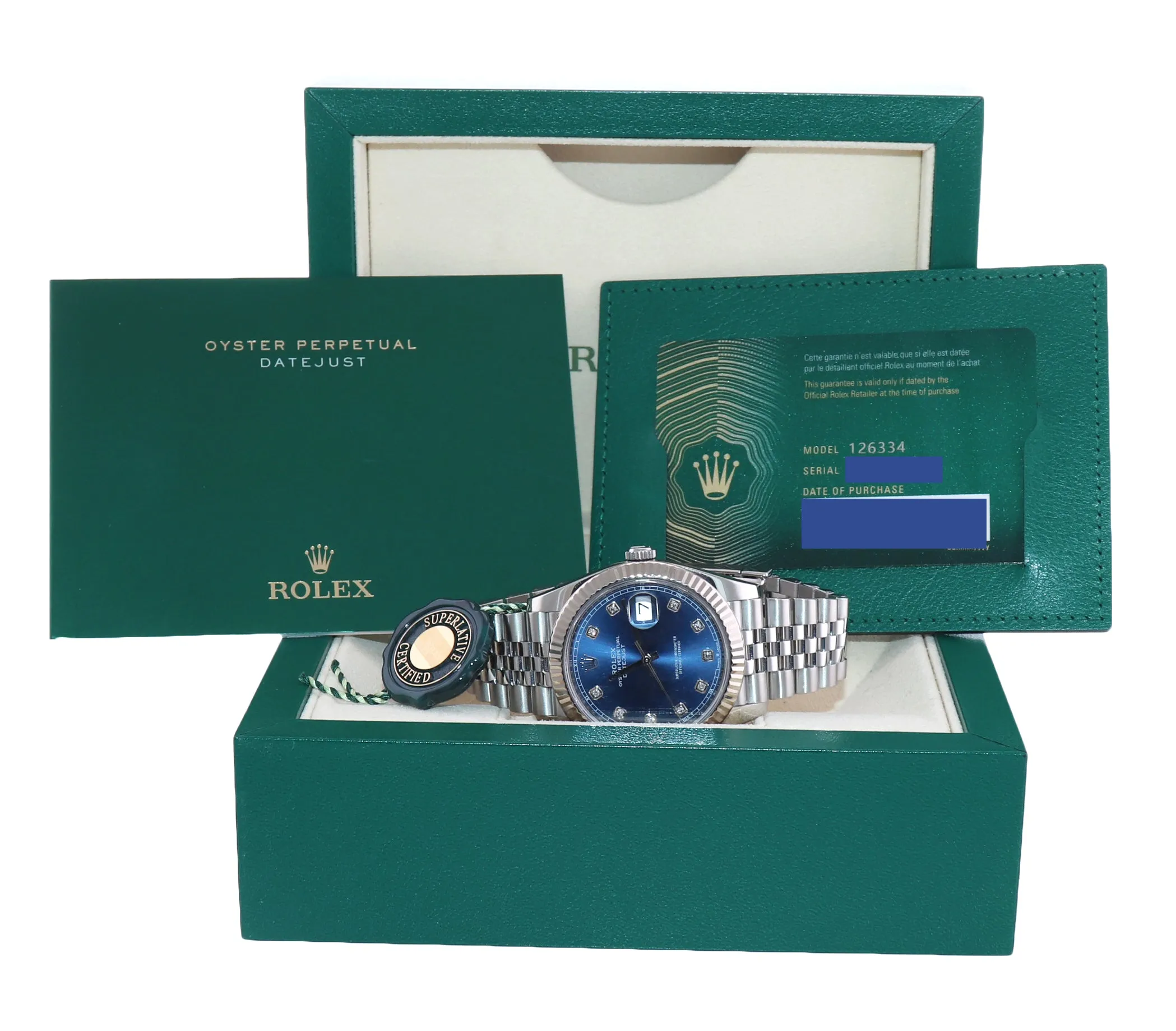2021 PAPERS Rolex DateJust 41 126334 Blue Diamond Dial Steel Fluted Jubilee Watch Box