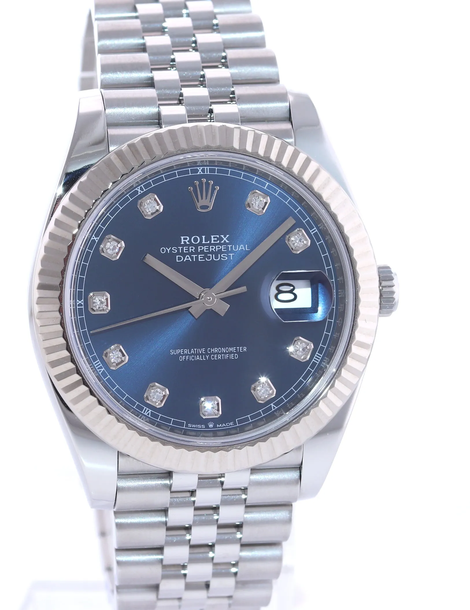 2021 PAPERS Rolex DateJust 41 126334 Blue Diamond Dial Steel Fluted Jubilee Watch Box