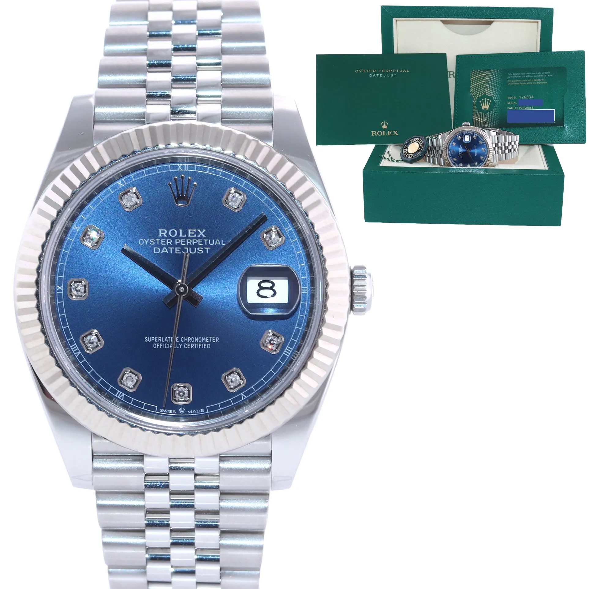2021 PAPERS Rolex DateJust 41 126334 Blue Diamond Dial Steel Fluted Jubilee Watch Box