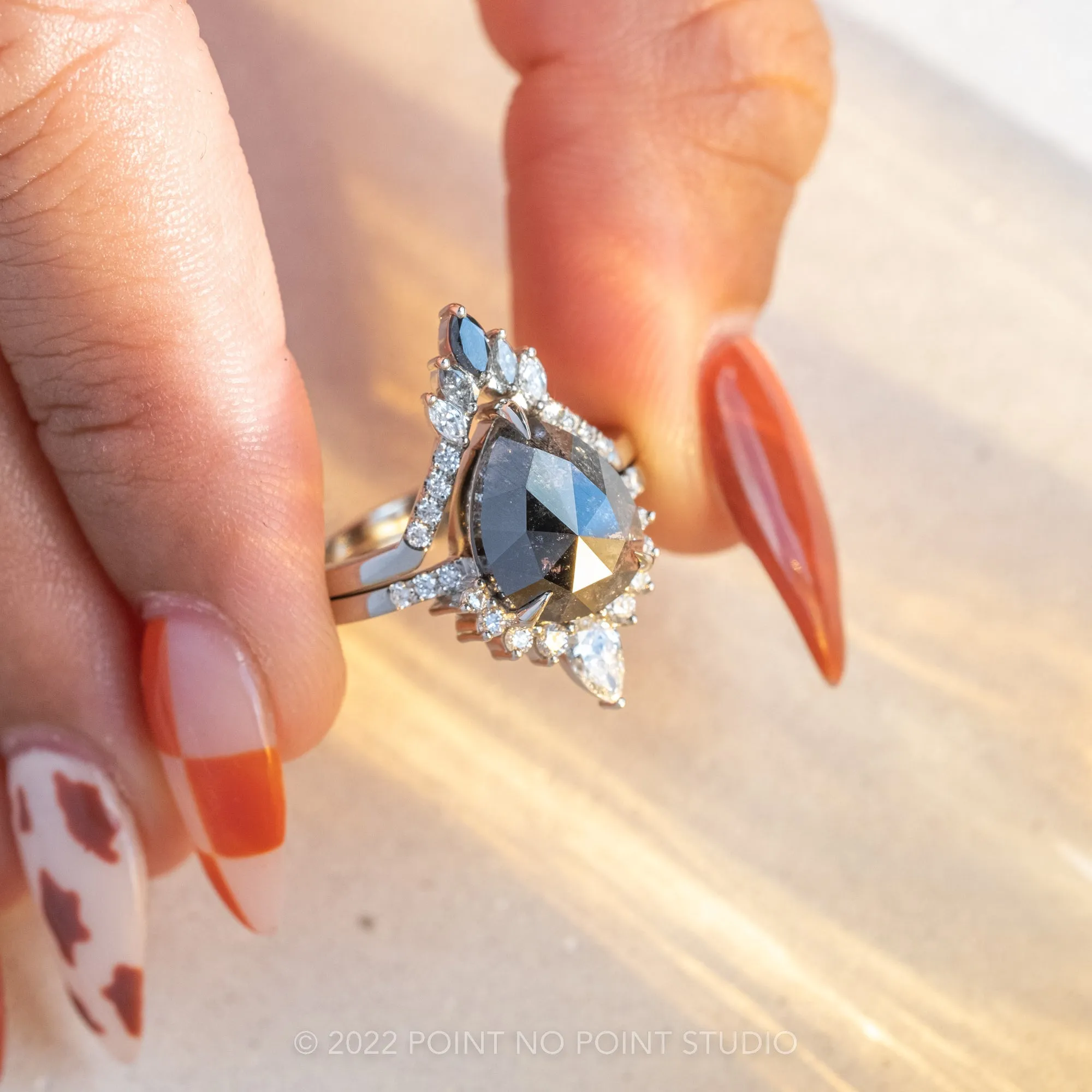 2.69 Carat Salt and Pepper Pear Diamond Engagement Ring, Avaline Setting, 14K White Gold