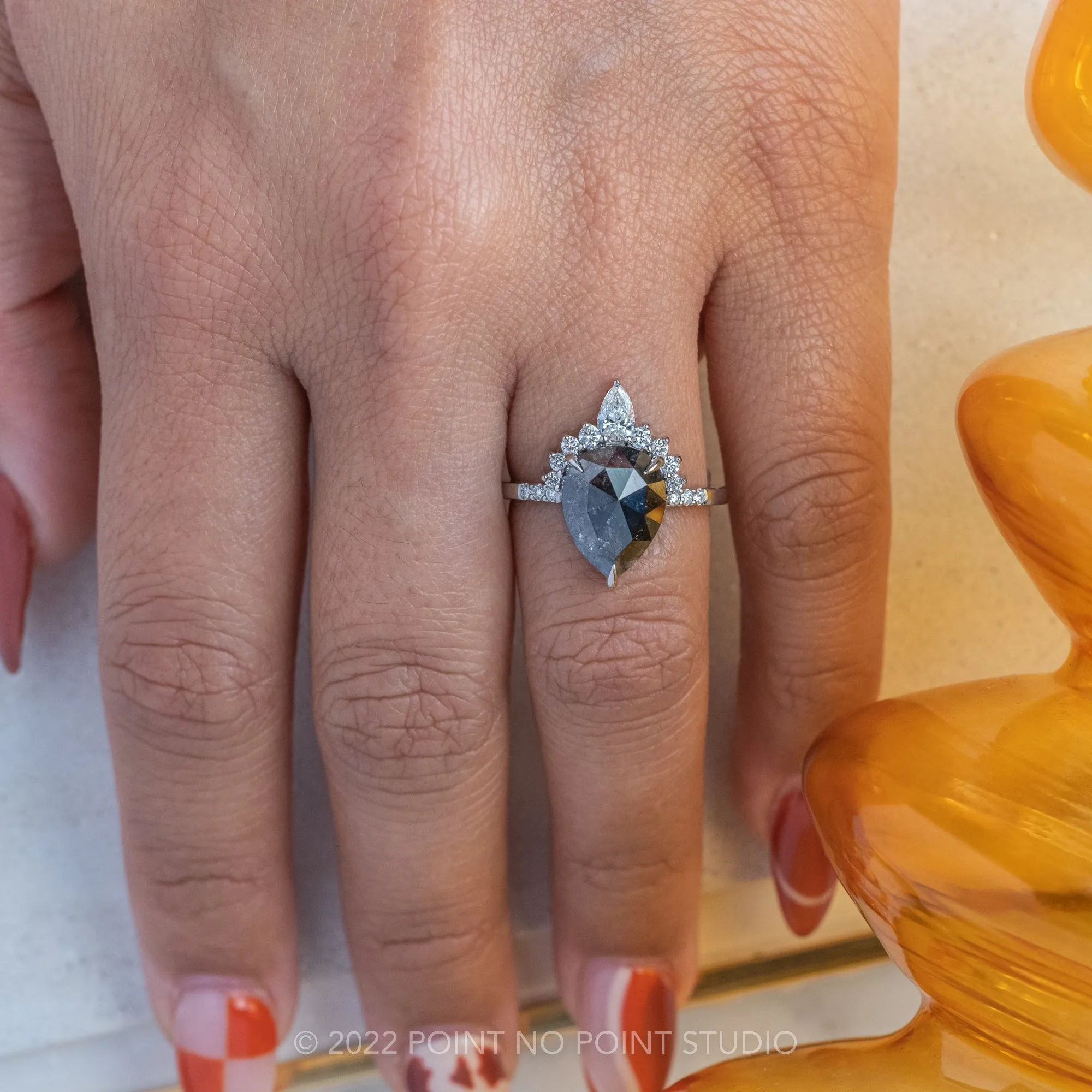 2.69 Carat Salt and Pepper Pear Diamond Engagement Ring, Avaline Setting, 14K White Gold