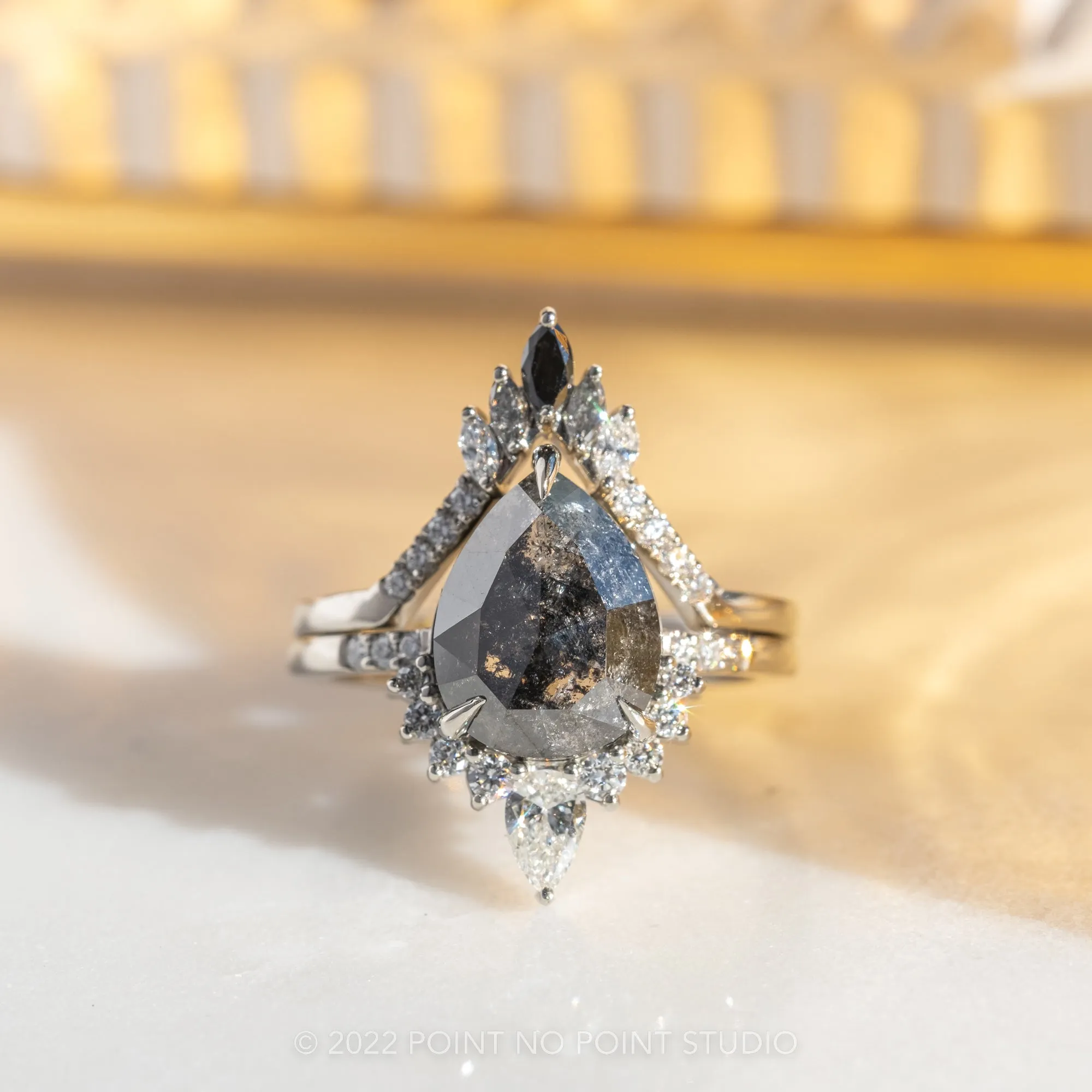 2.69 Carat Salt and Pepper Pear Diamond Engagement Ring, Avaline Setting, 14K White Gold