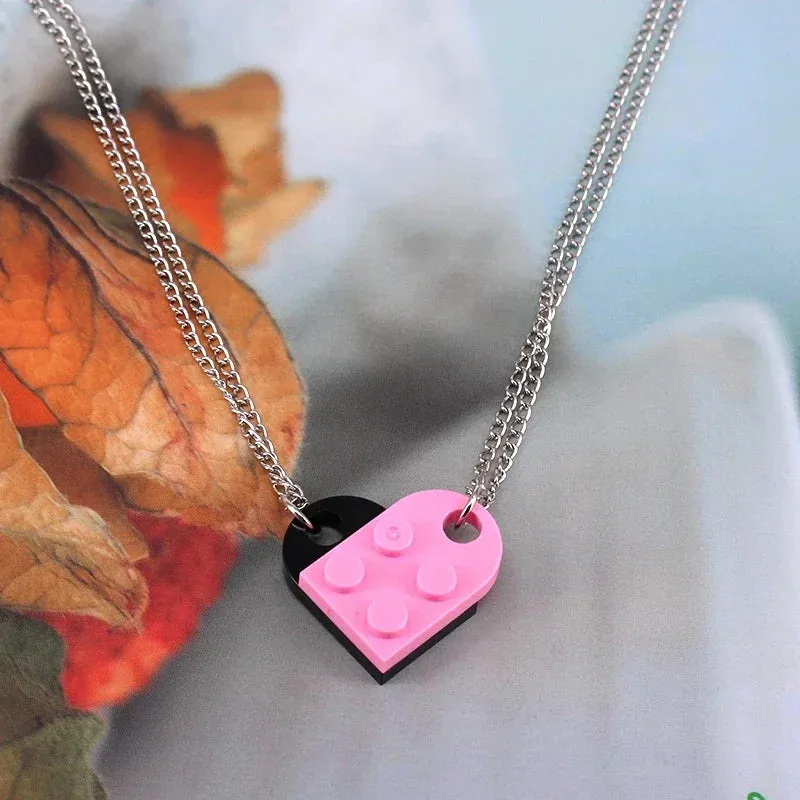 2pcs Punk Heart Brick Couples Love Necklaces for Women Men Lovers Friends Chains Necklaces Valentines Gift Jewelry