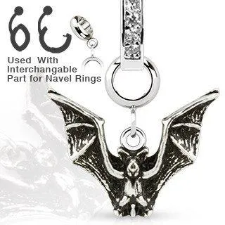 316L Stainless Steel Vintage Bat Dangle Charm for Navel Rings, Dermal Anchors Labret cz top not included