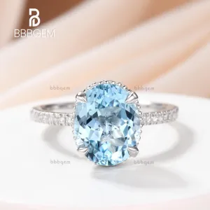 3.5 Carat Blue Oval Aquamarine Engagement Ring Diamond  Band 14k Rose Gold Claws Prong