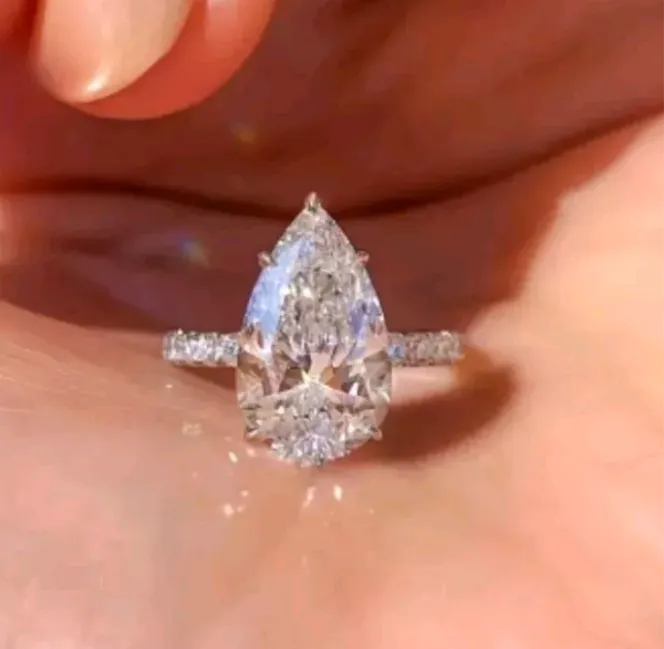 3Ct Pear Cut Cubic Zirconia Engagement Ring Silver Plated Finish Size 7-8