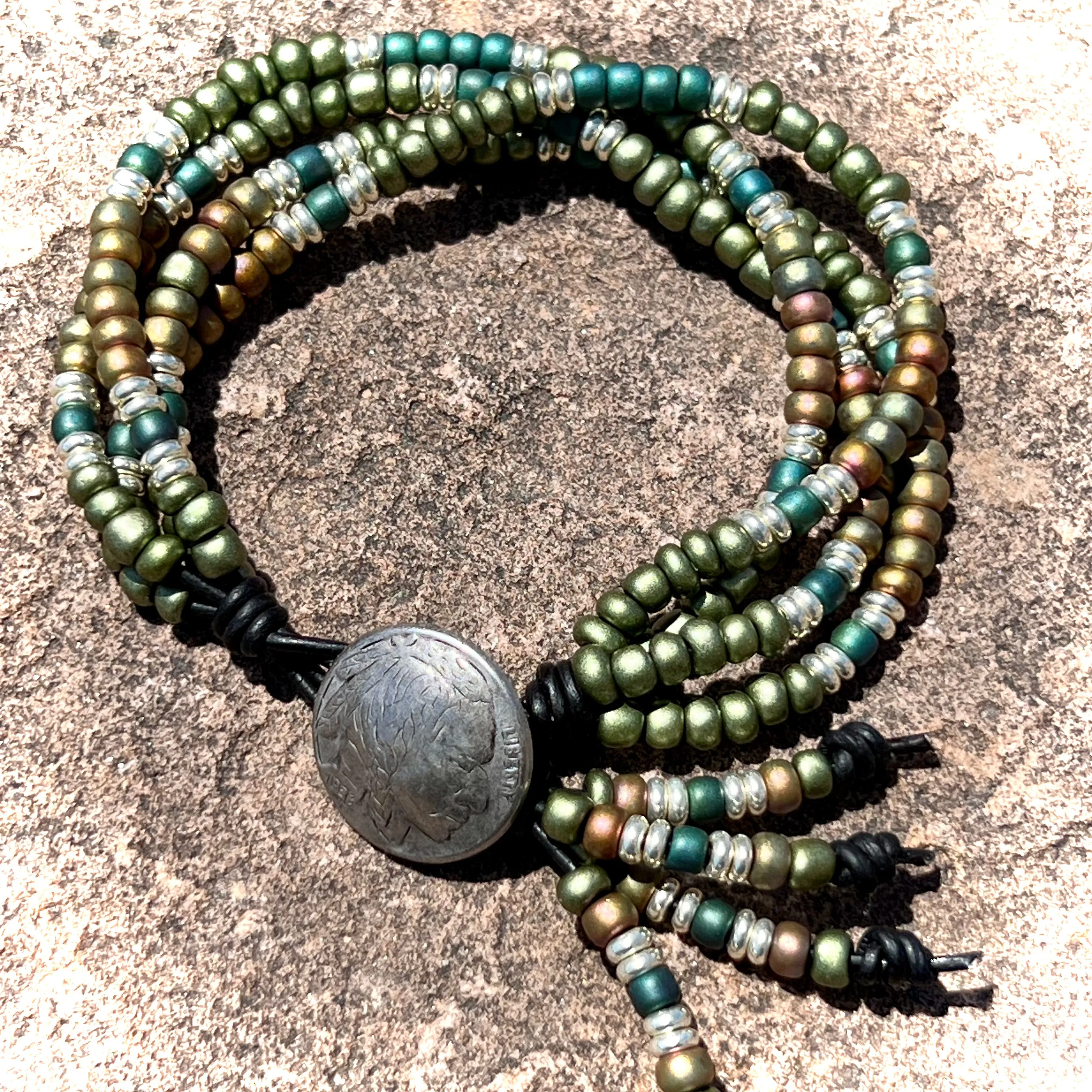 4-strand Boho matte teal/green/silver bracelet