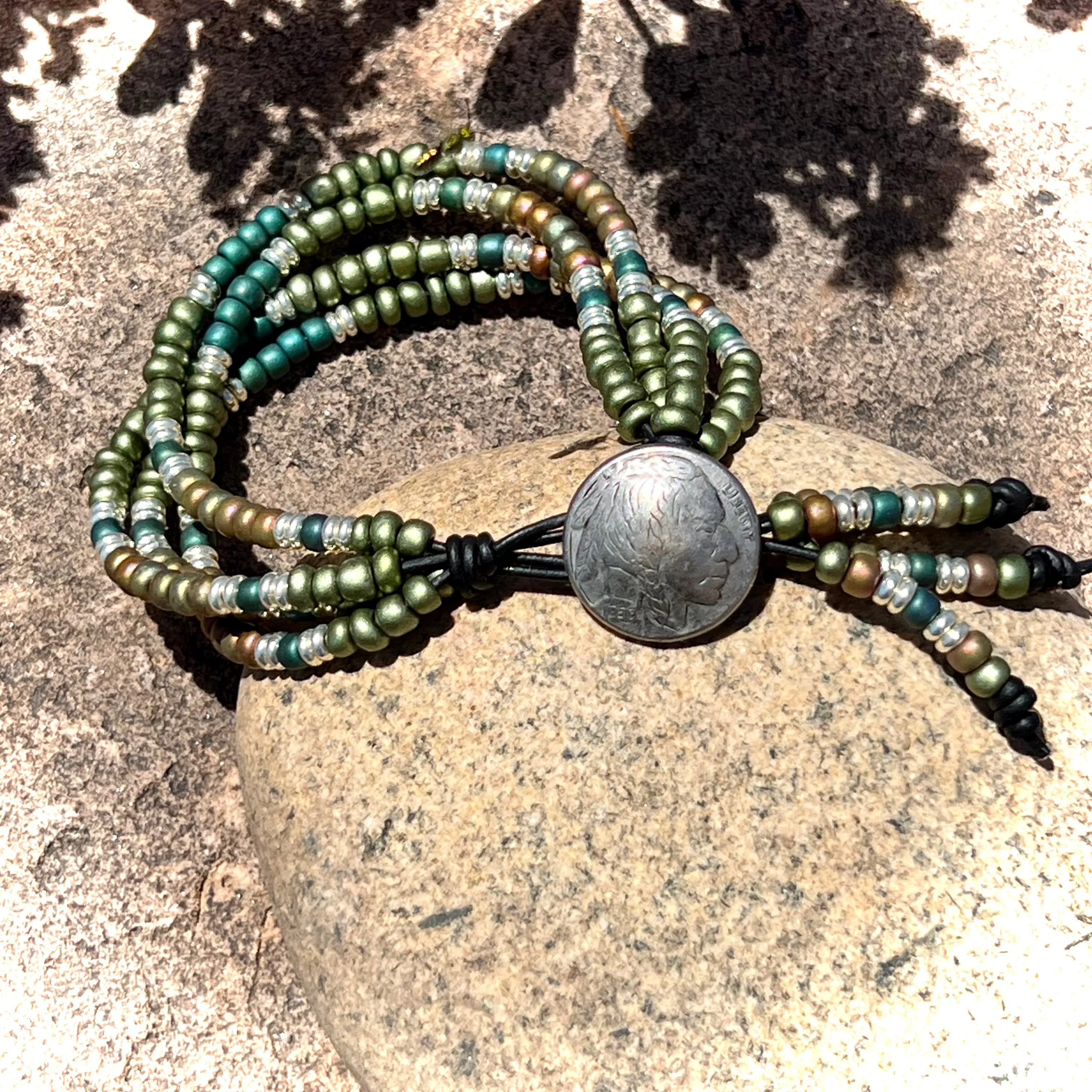 4-strand Boho matte teal/green/silver bracelet