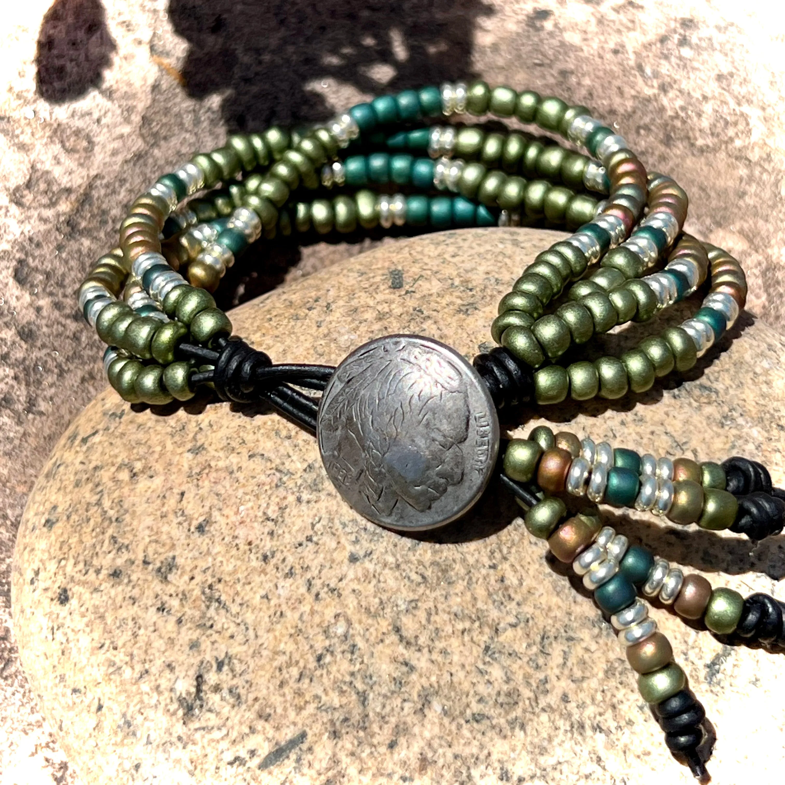 4-strand Boho matte teal/green/silver bracelet