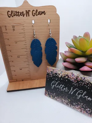 466 Blue Leather Leaf Dangle Earrings