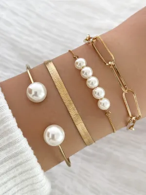 4pcs/set Faux Pearl Decor Bracelet - Gold