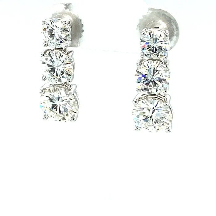 5.00 CTW DEW Round Moissanite Three-Stone Drop Stud Earrings in 14K White Gold