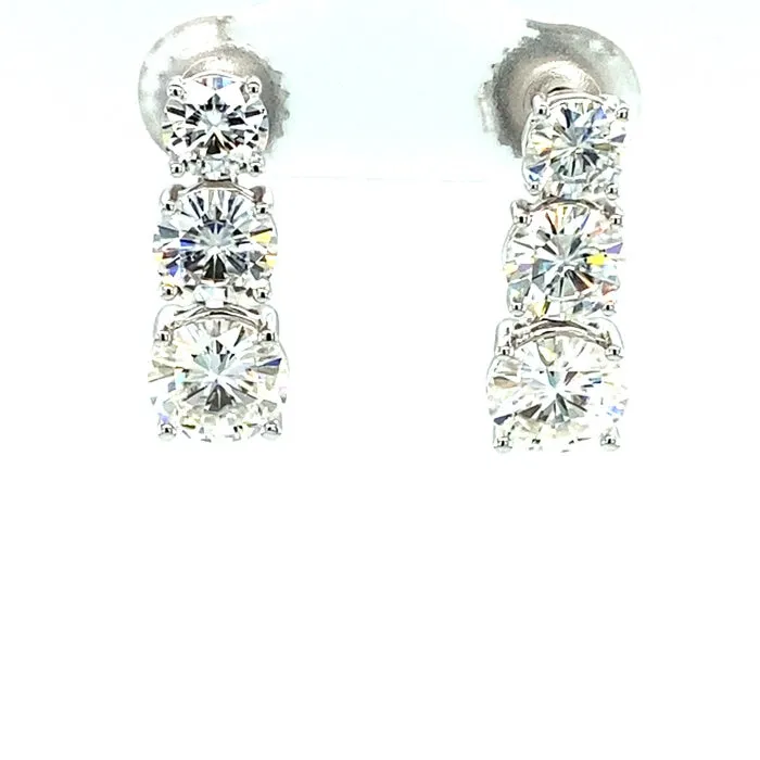 5.00 CTW DEW Round Moissanite Three-Stone Drop Stud Earrings in 14K White Gold