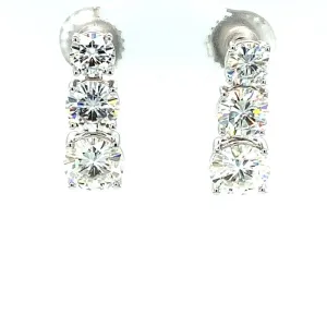 5.00 CTW DEW Round Moissanite Three-Stone Drop Stud Earrings in 14K White Gold