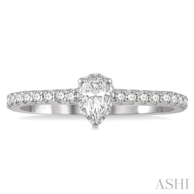 5/8 ctw Pear Center Stone Ladies Engagement Ring with 3/8 Ct Pear Cut Center Stone in 14K White Gold