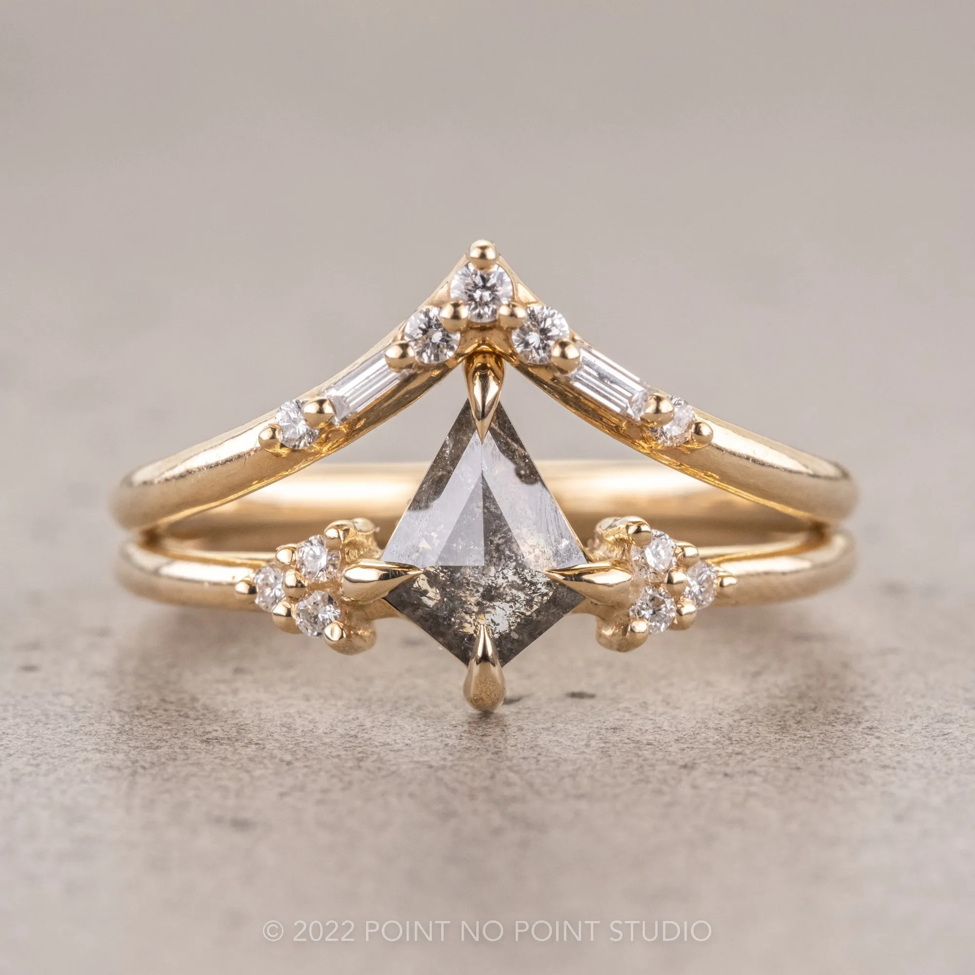 .67 Carat Salt and Pepper Kite Diamond Engagement Ring, Quinn Setting, 14k Yellow Gold