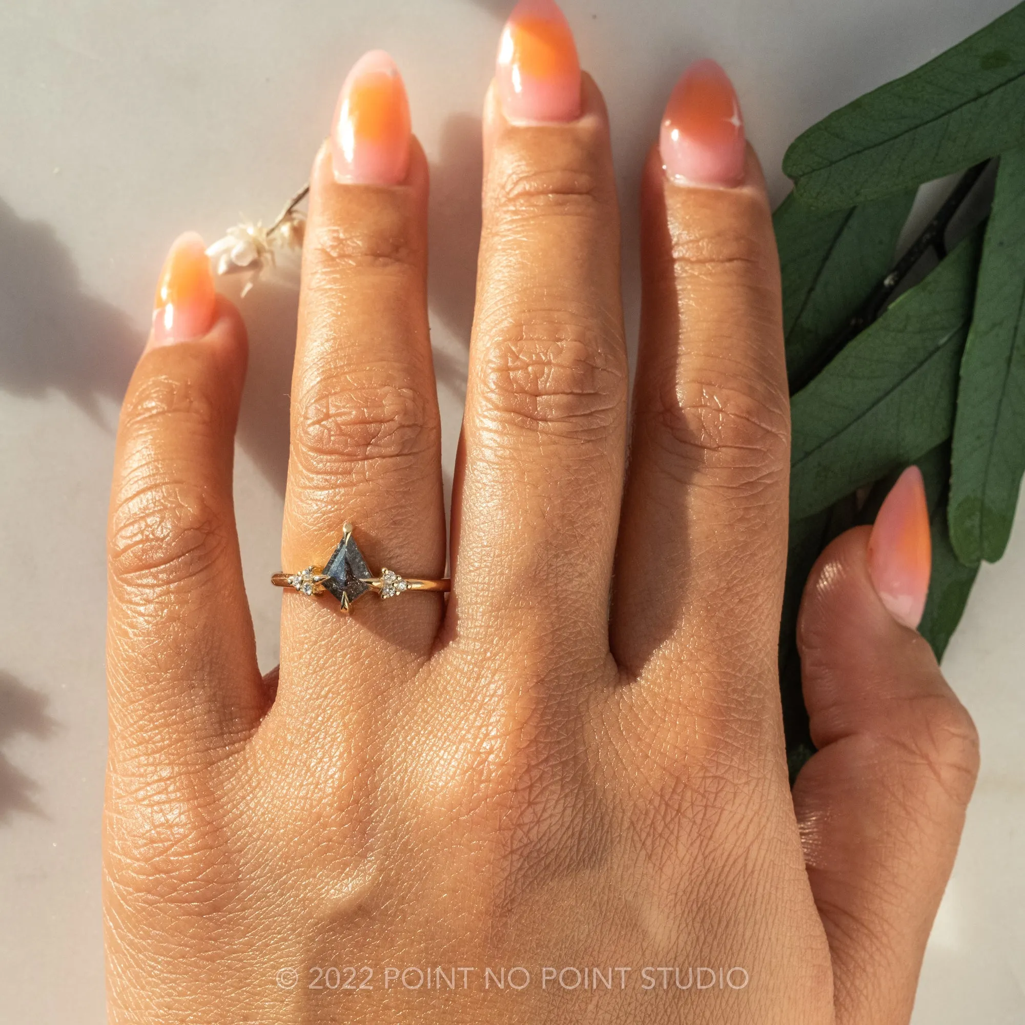 .67 Carat Salt and Pepper Kite Diamond Engagement Ring, Quinn Setting, 14k Yellow Gold