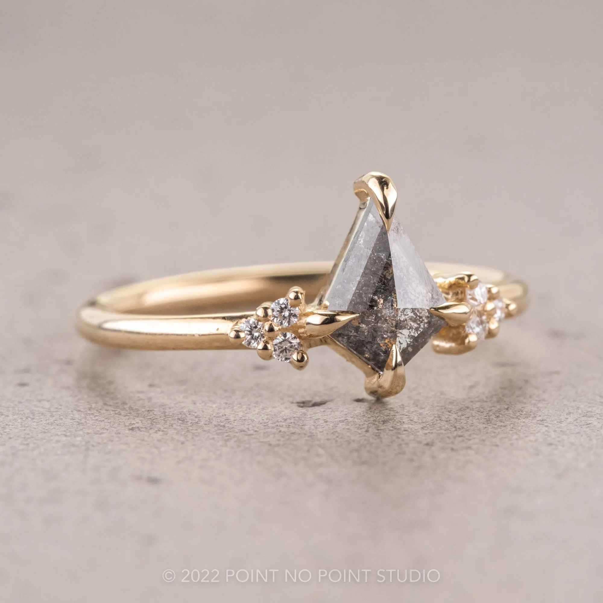 .67 Carat Salt and Pepper Kite Diamond Engagement Ring, Quinn Setting, 14k Yellow Gold