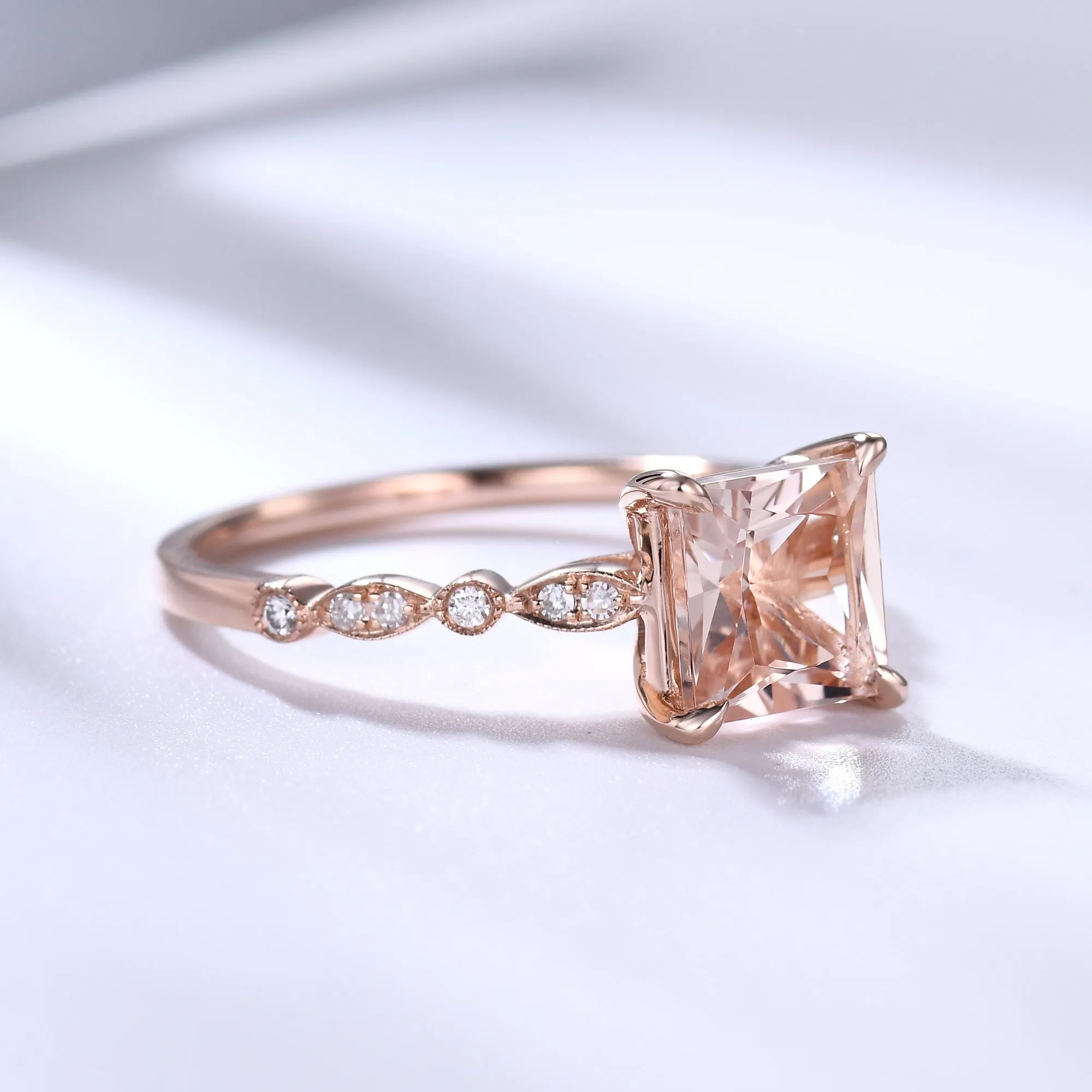 7mm Princess Cut Morganite Engagement Ring Rose Gold Art Deco Milgrain Diamond Band