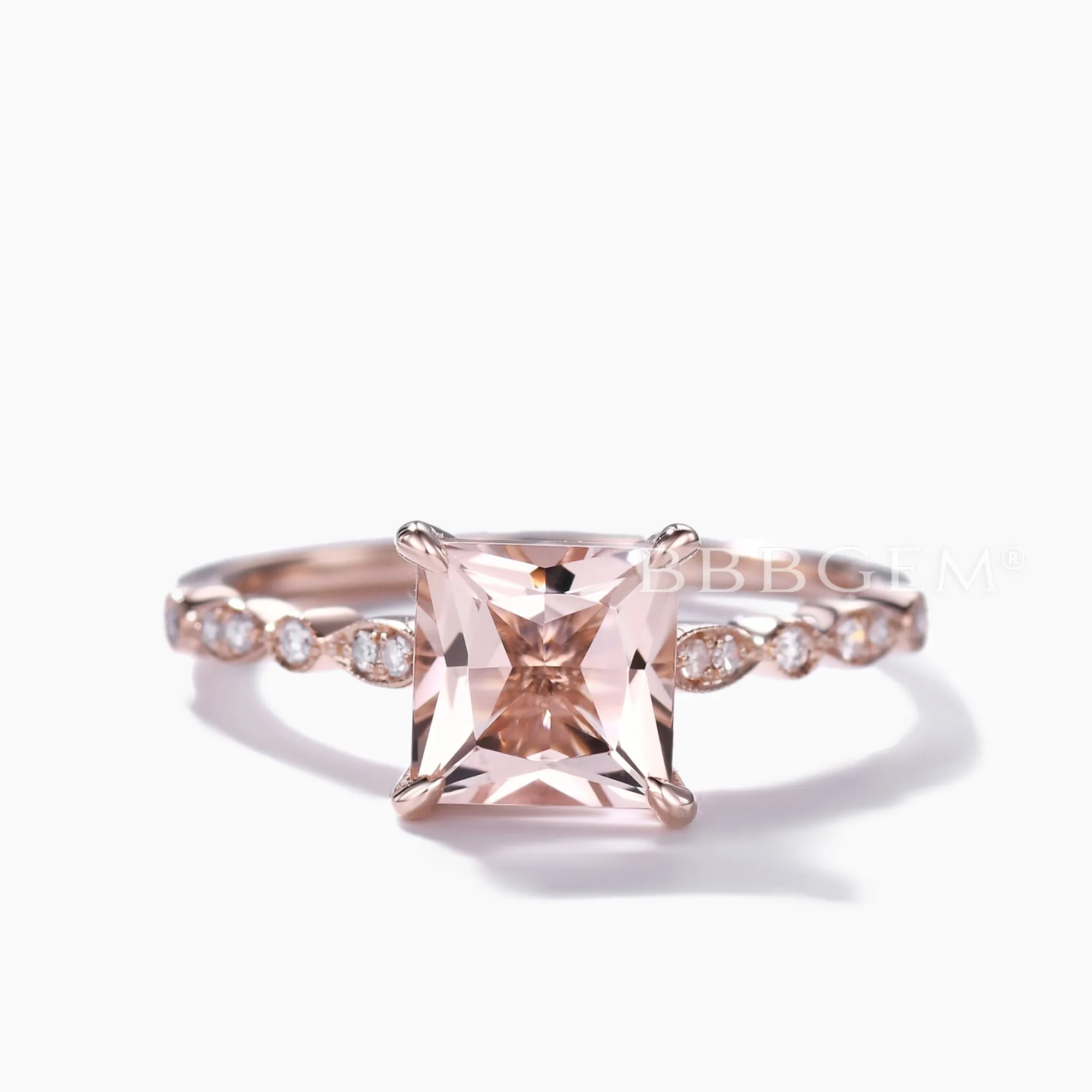 7mm Princess Cut Morganite Engagement Ring Rose Gold Art Deco Milgrain Diamond Band