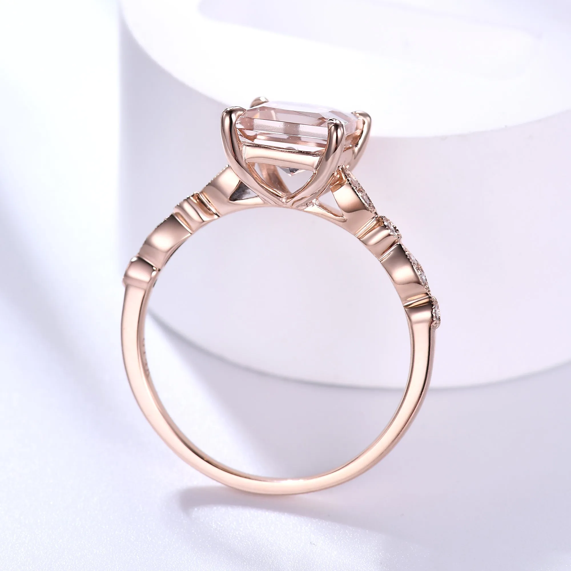 7mm Princess Cut Morganite Engagement Ring Rose Gold Art Deco Milgrain Diamond Band