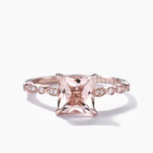 7mm Princess Cut Morganite Engagement Ring Rose Gold Art Deco Milgrain Diamond Band