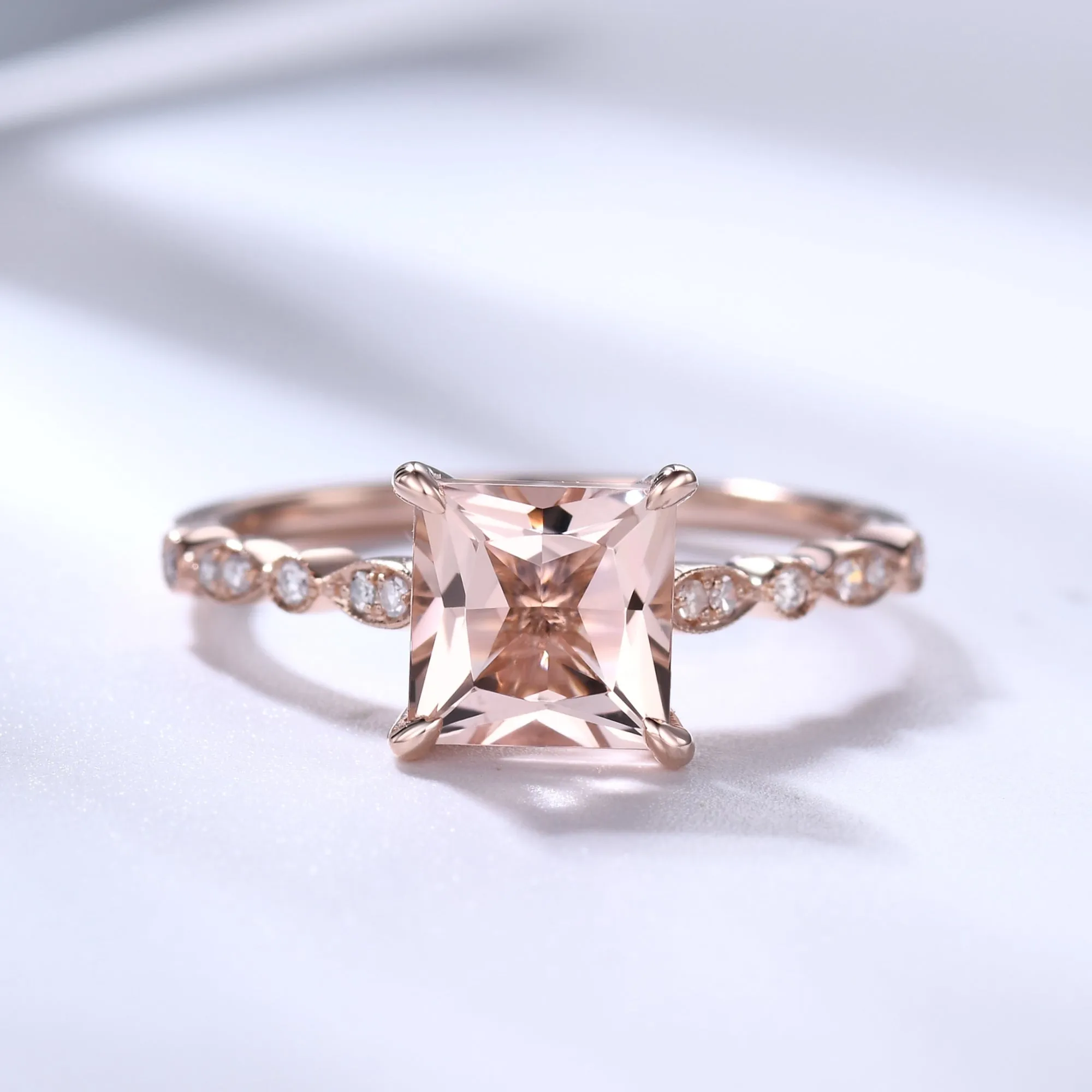 7mm Princess Cut Morganite Engagement Ring Rose Gold Art Deco Milgrain Diamond Band