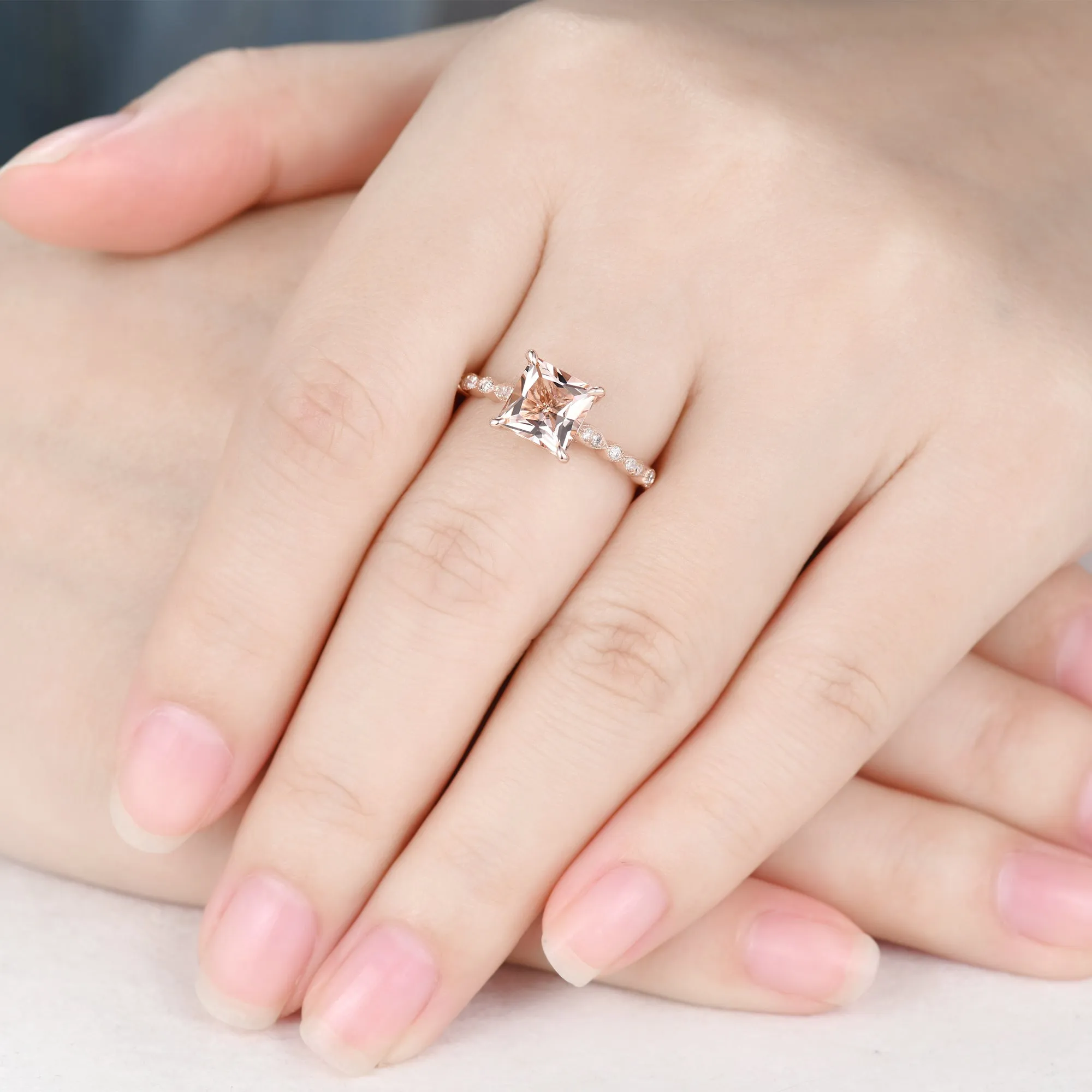 7mm Princess Cut Morganite Engagement Ring Rose Gold Art Deco Milgrain Diamond Band