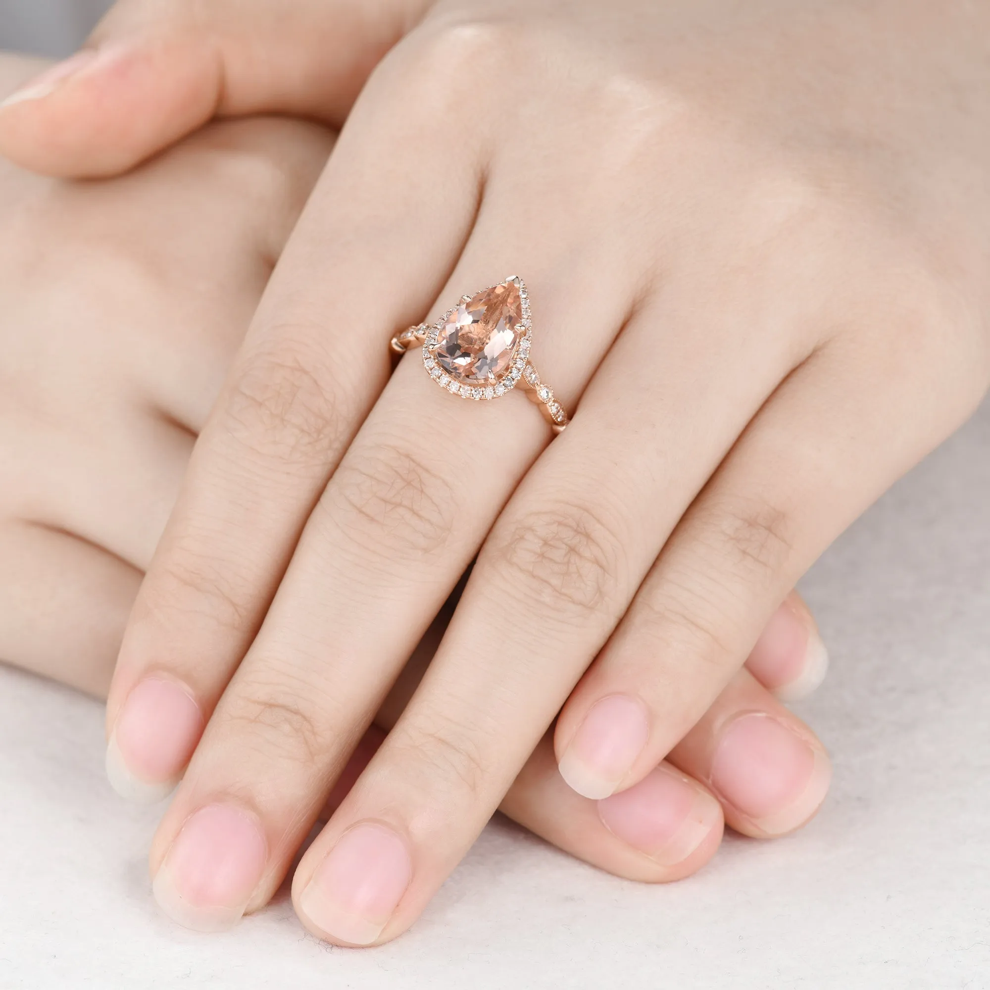 7x10mm Teardrop Morganite and Diamond Engagement Ring Petite Milgrain
