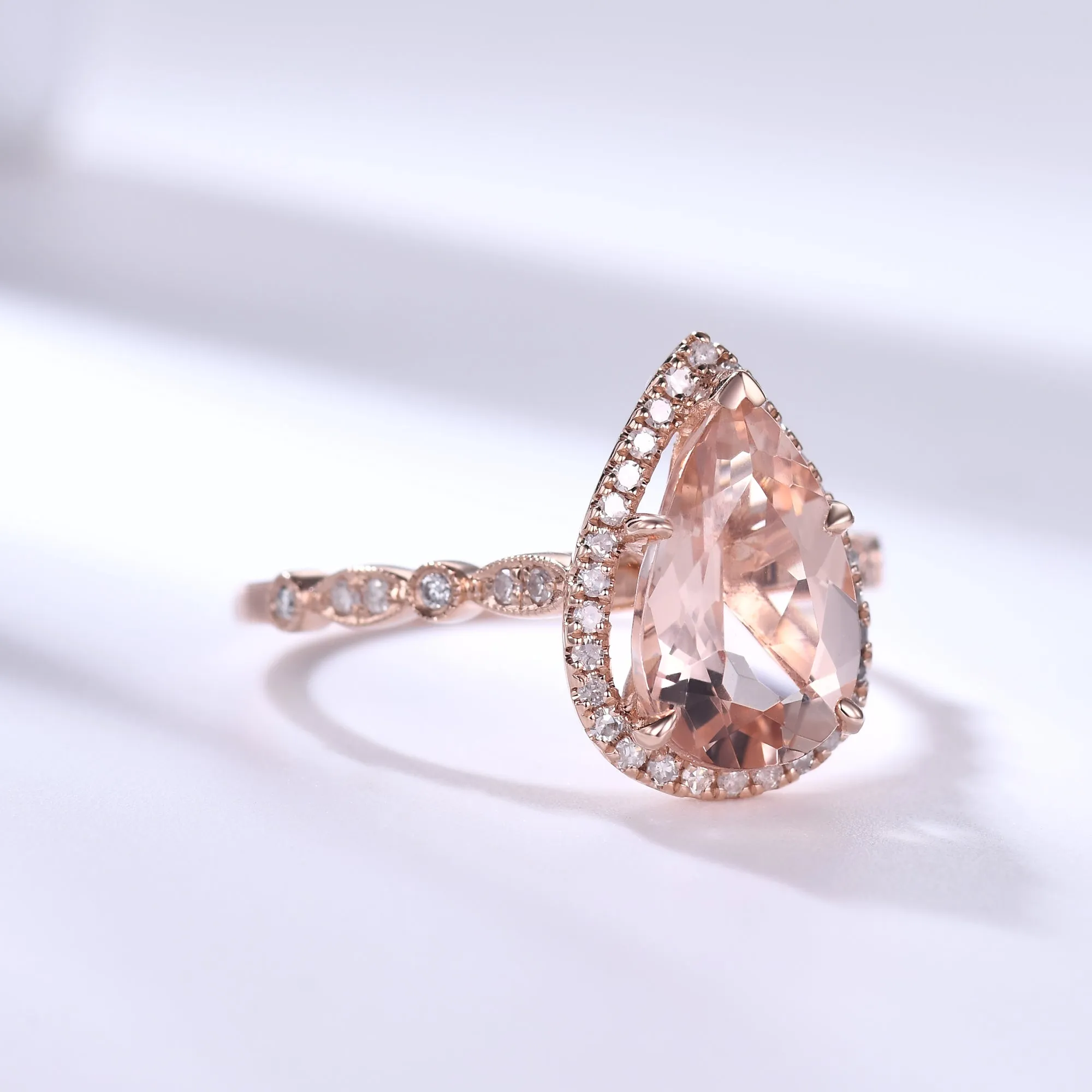 7x10mm Teardrop Morganite and Diamond Engagement Ring Petite Milgrain