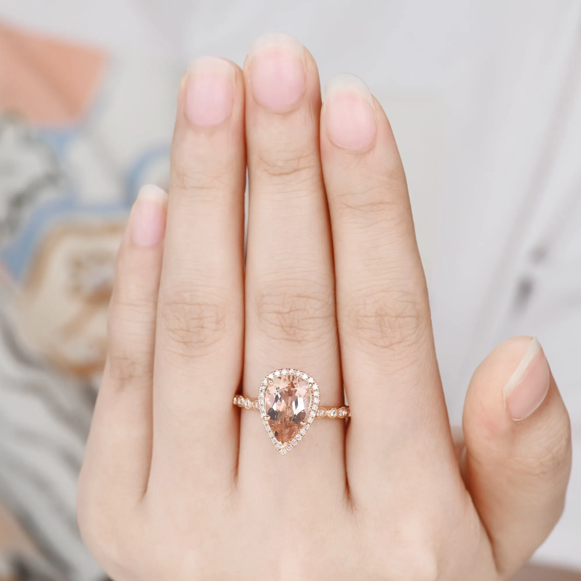 7x10mm Teardrop Morganite and Diamond Engagement Ring Petite Milgrain