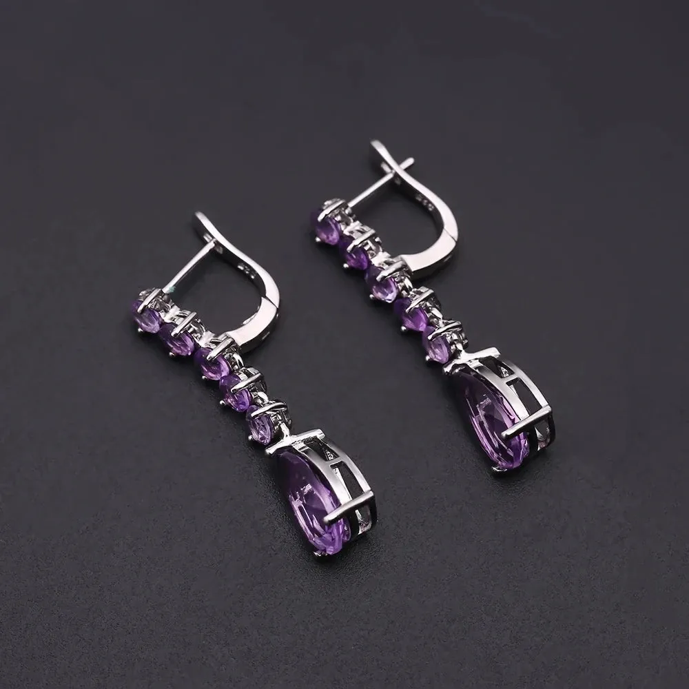 8.91Ct Natural Amethyst Vintage Long Drop Earrings – 925 Sterling Silver Gemstone Jewelry