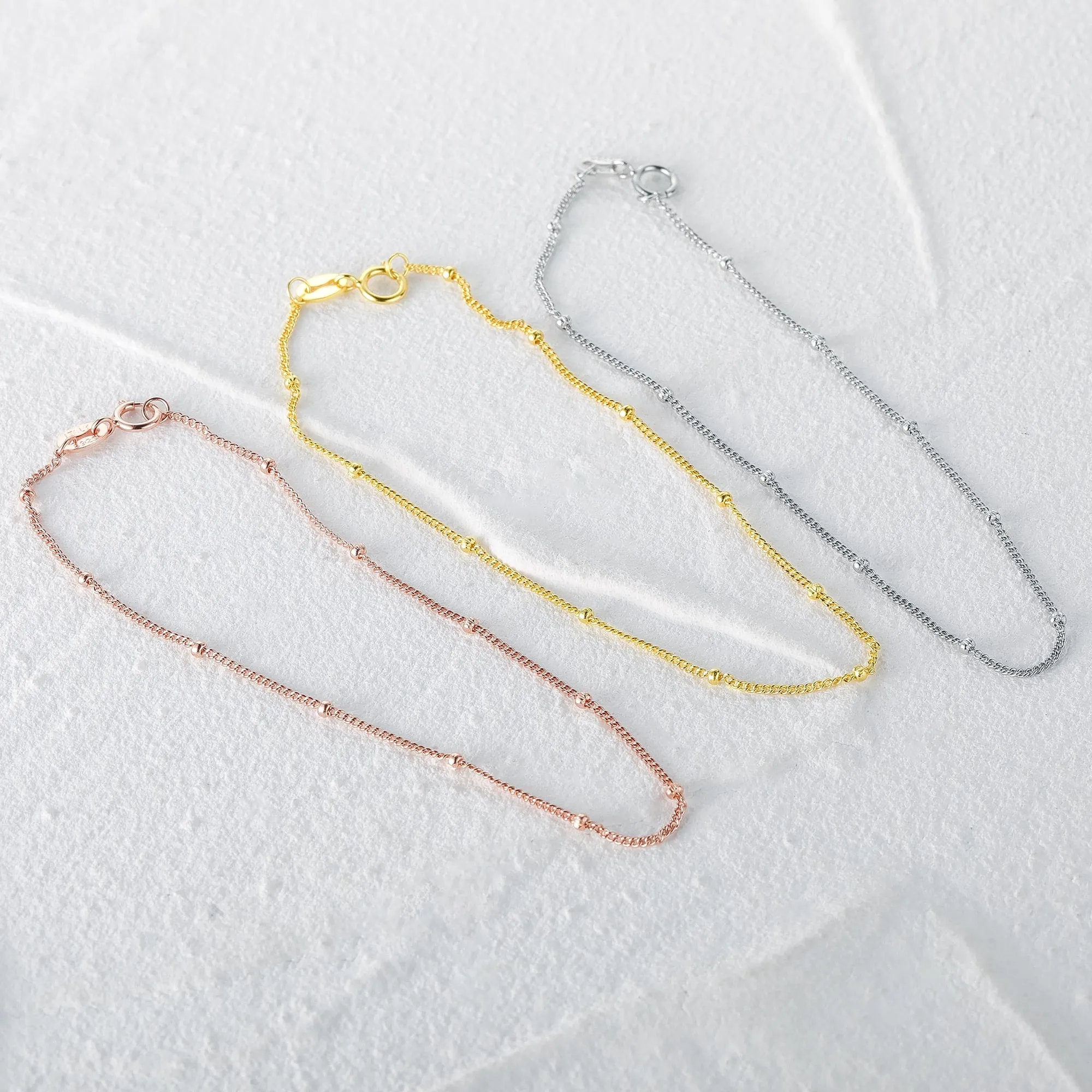 925 Sterling Silver Minimalist Small Beads Thin Chain Bracelets For Women